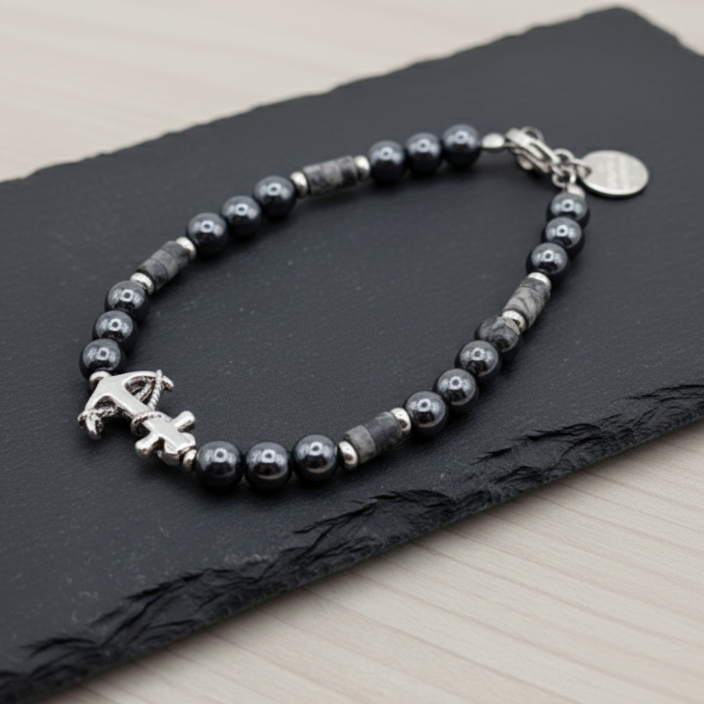 Bracciale Unisex Ematite Diaspro Paesina Ancora Argento - Gioielli Artigianali Italiani