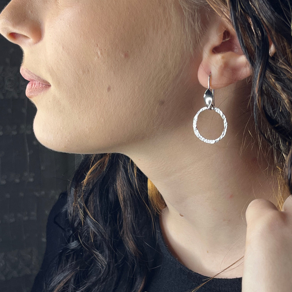 Orecchini Pendenti Argento 925 Cerchi Martellati