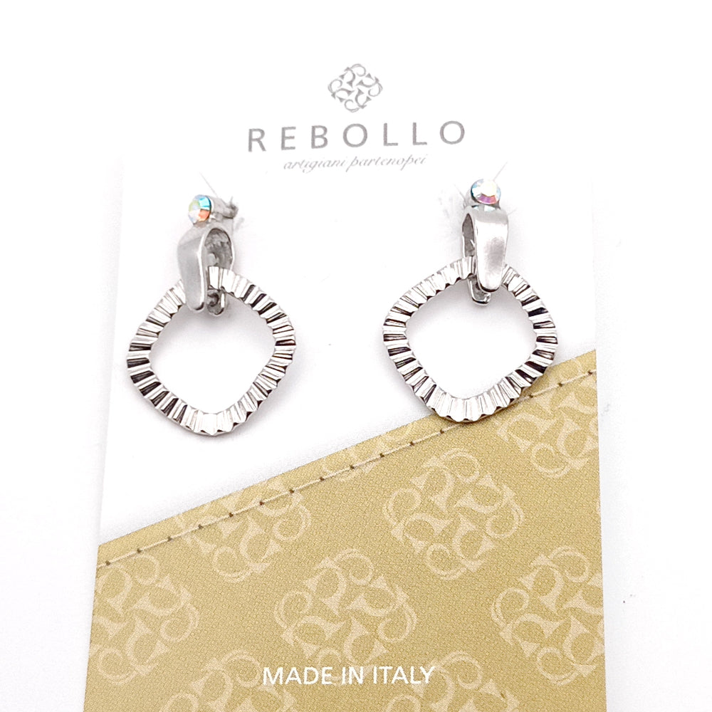Orecchini Pendenti Argento 925 con Cerchi Martellati e Cristallo Swarovski