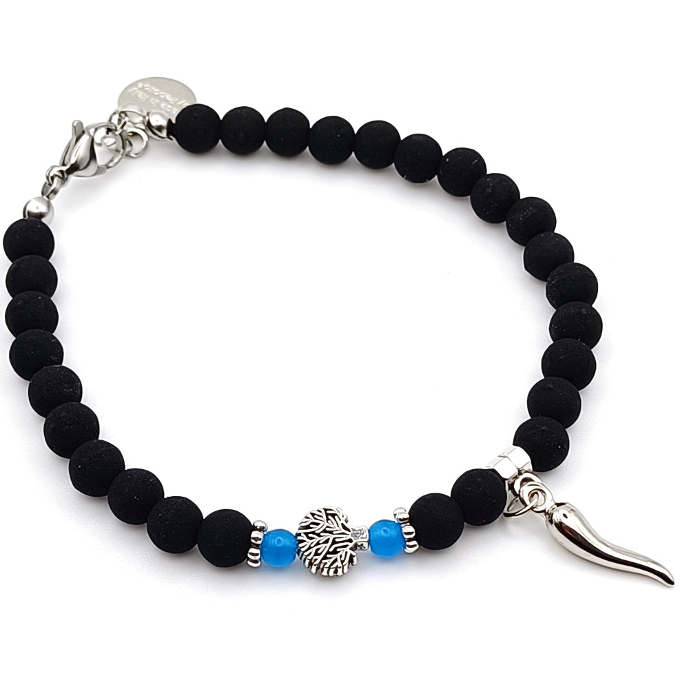 Bracciale pietra lavica azzurro albero della vita e cornetto - ungioielloperte