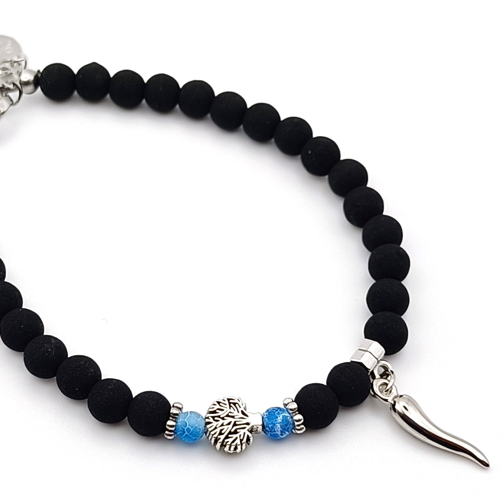 Bracciale pietra lavica azzurro satinato albero della vita e cornetto - ungioielloperte