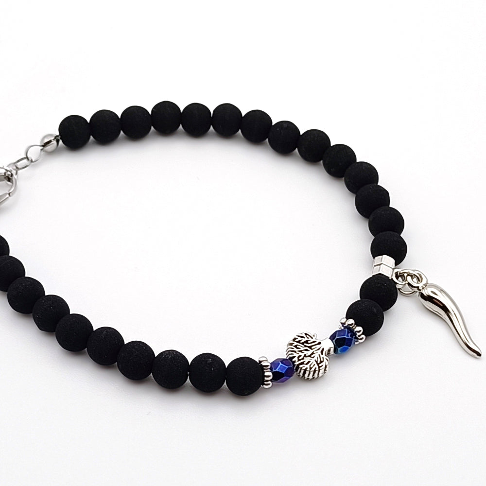 Bracciale pietra lavica blu scuro albero della vita e cornetto - ungioielloperte