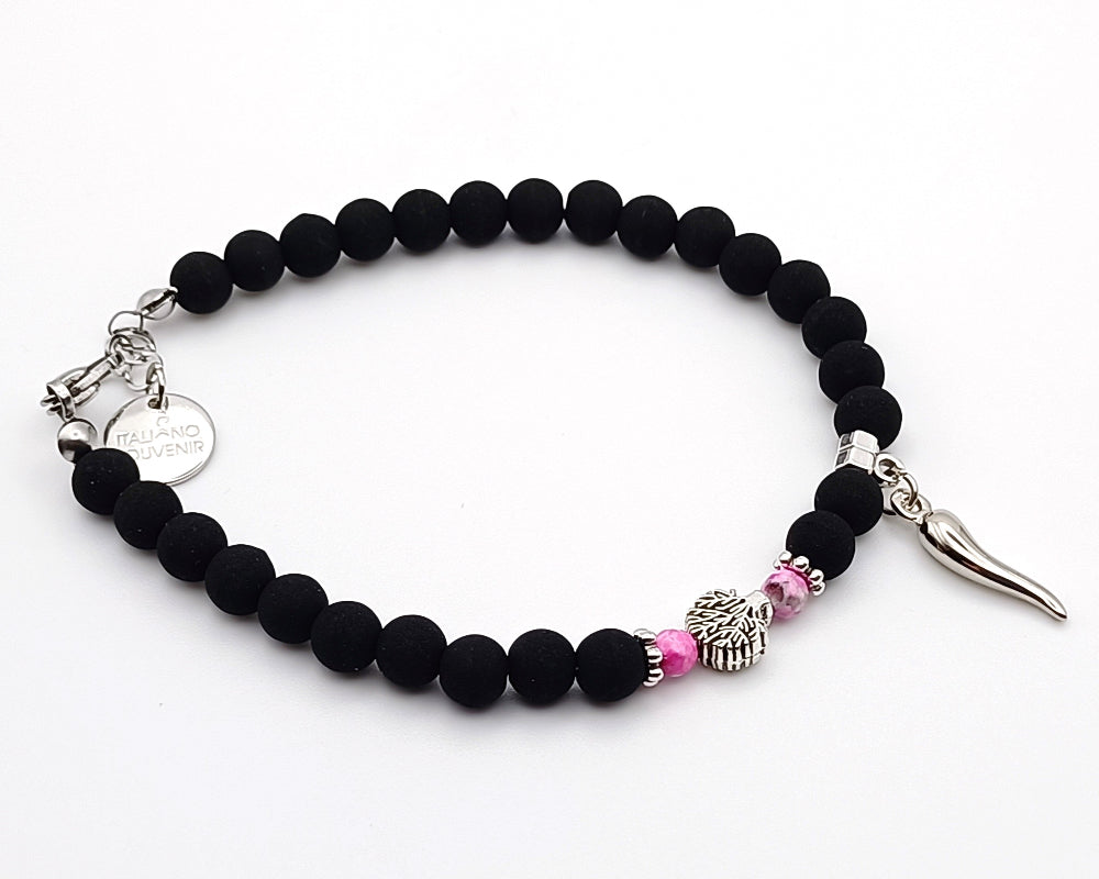 Bracciale pietra lavica fucsia albero della vita e cornetto - ungioielloperte