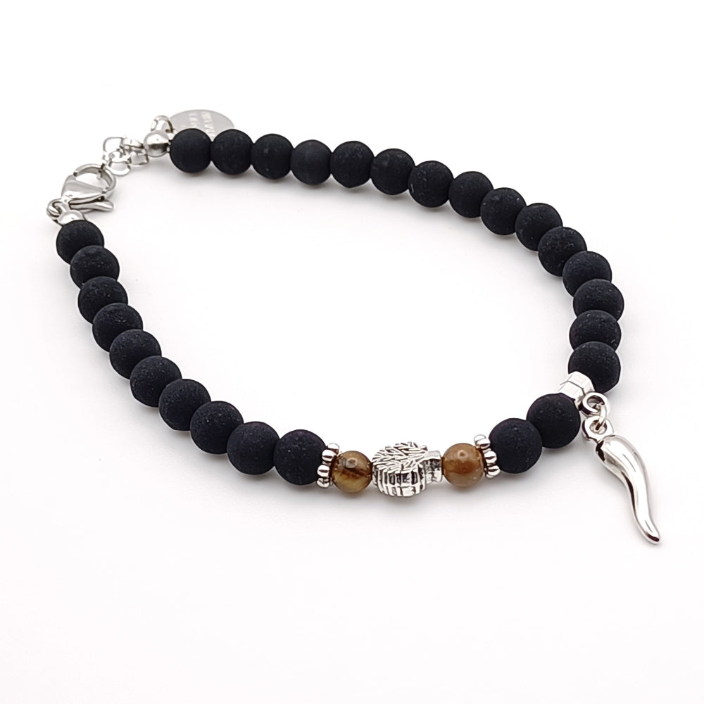 Bracciale pietra lavica marrone albero della vita e cornetto - ungioielloperte