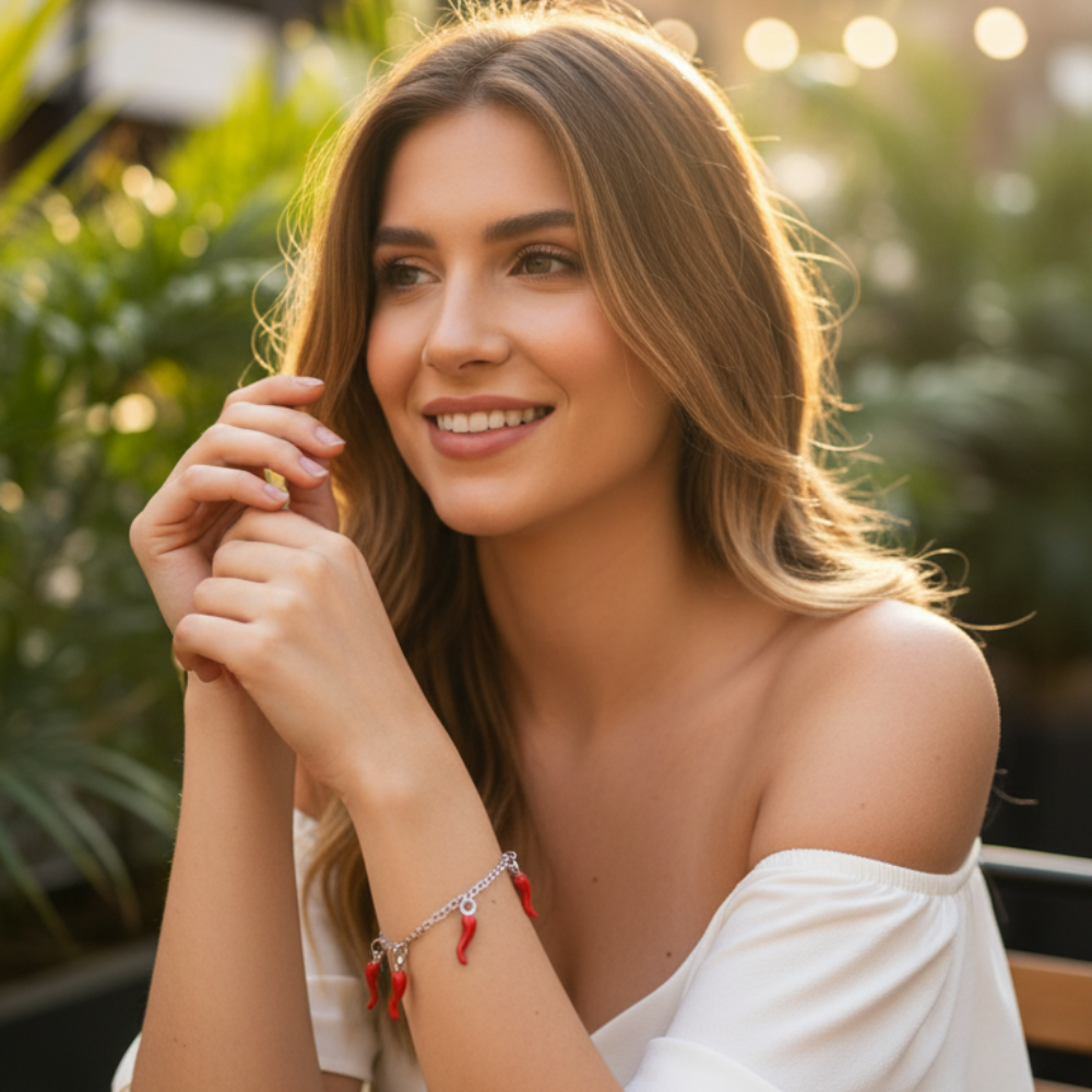 bracciale con cornetti rossi modella