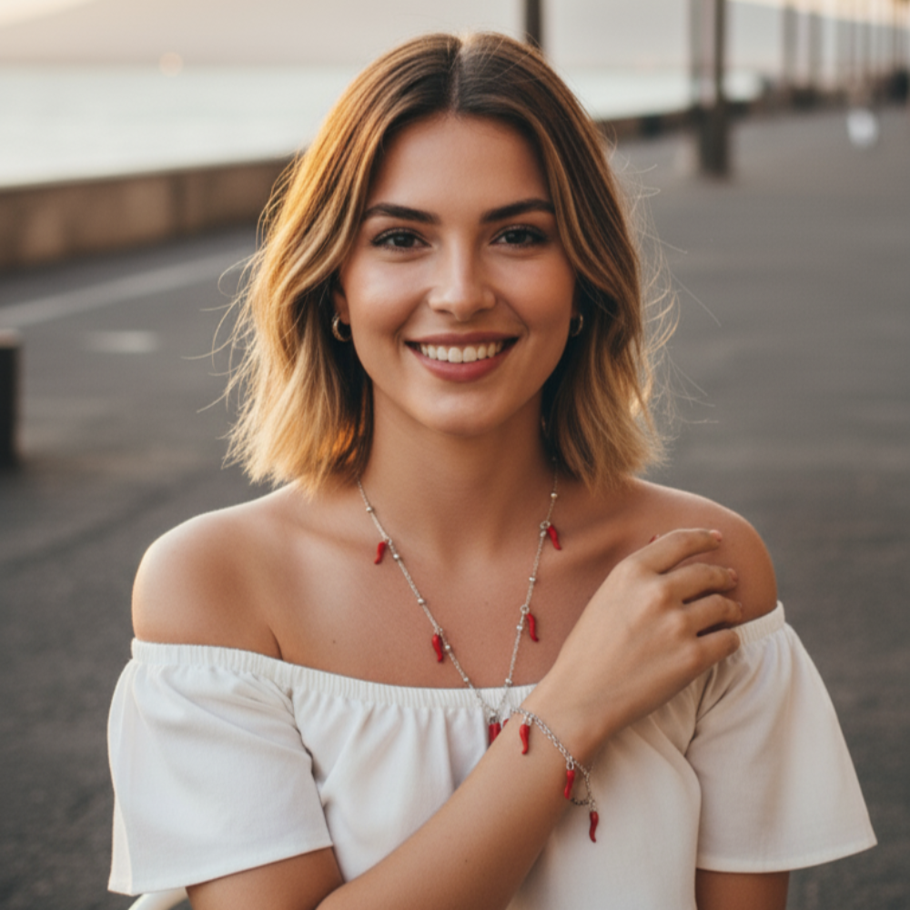 modella collana e bracciale cornetti portafortuna