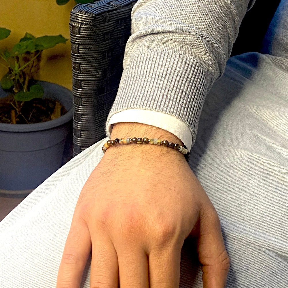 Bracciale unisex indossato in Pietre Naturali Occhio di Tigre e Labradorite