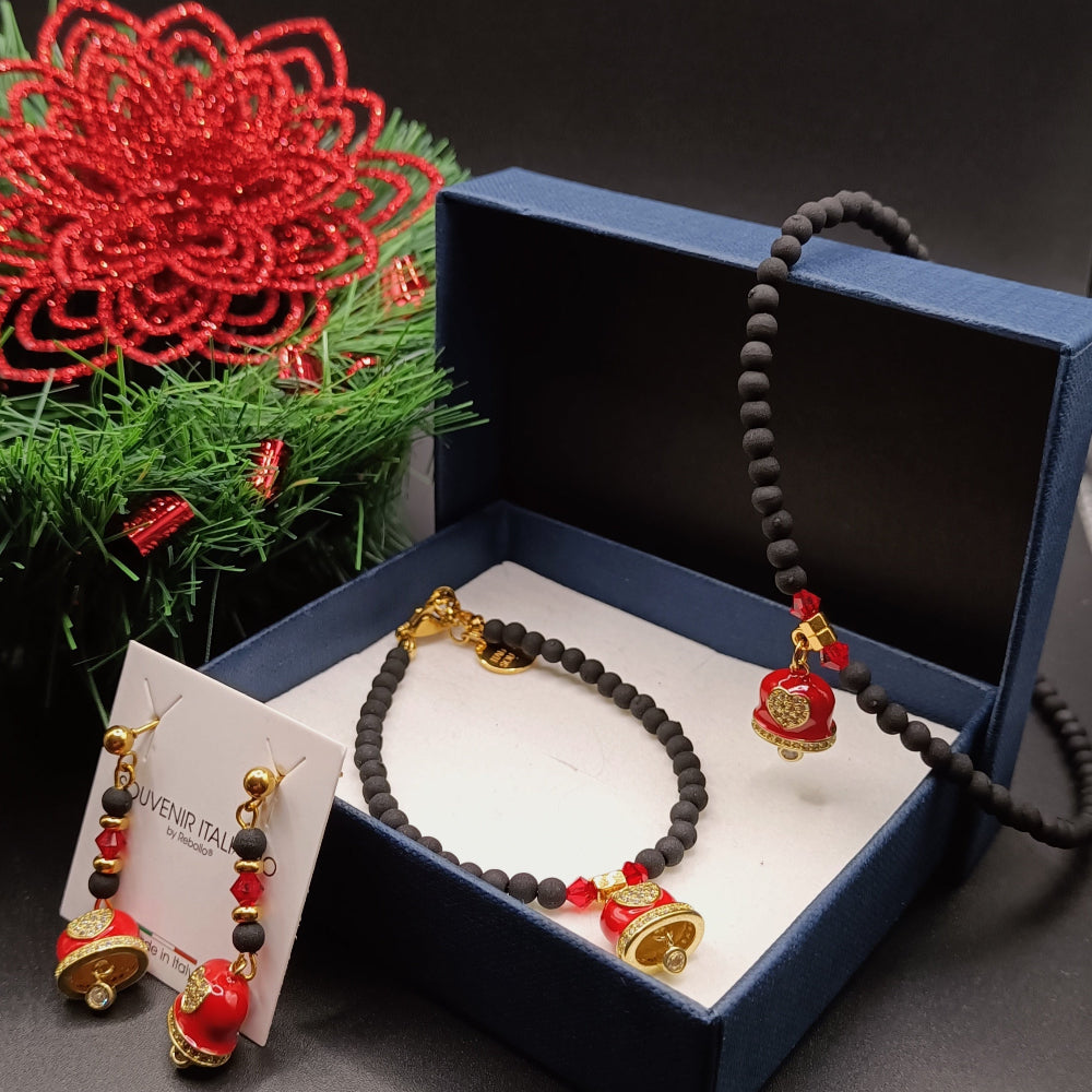 Set Collana, Bracciale e Orecchini in Perle di Lava e Campanella Rossa by ungioielloperte.com