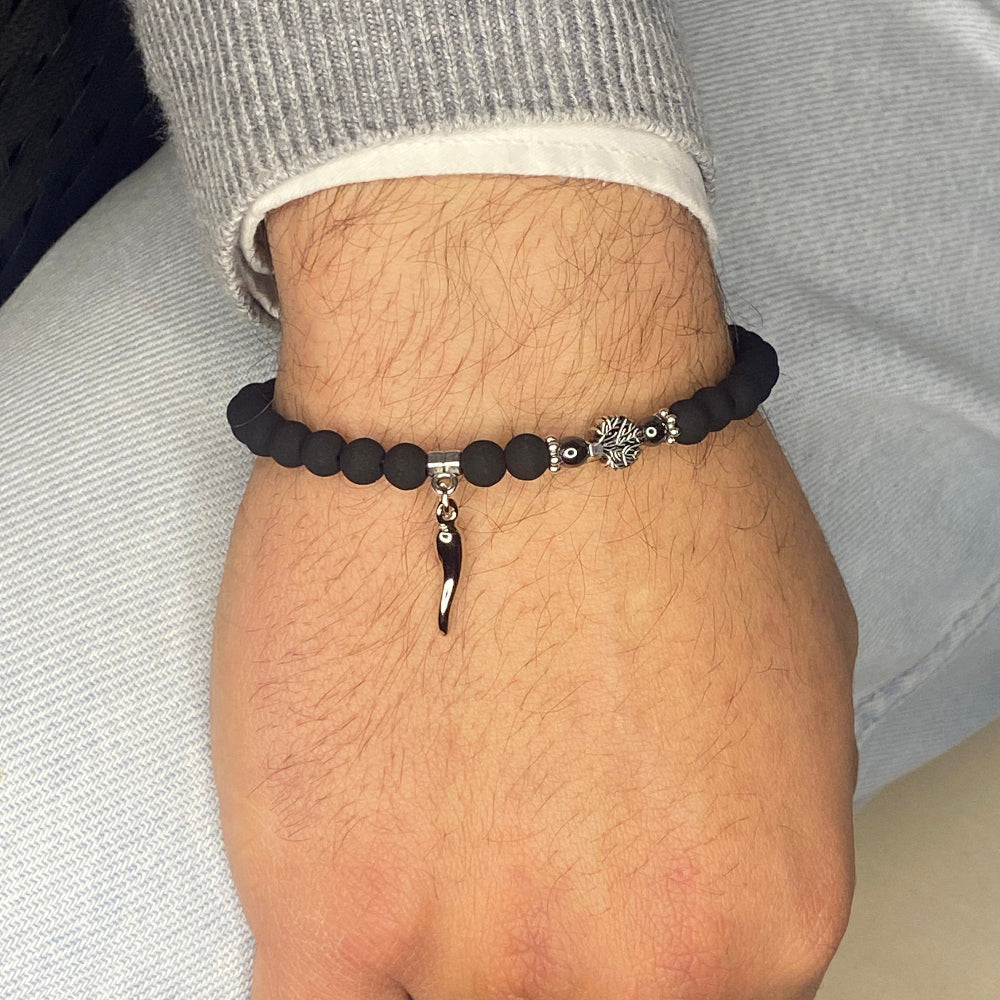 Bracciale uomo con pietra lavica, ciondolo cornetto e albero della vita made in Italy - ungioielloperte